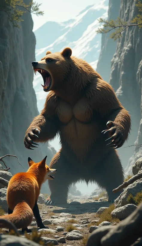  A bear roaring as a fox snarls back in a rocky forest clearing