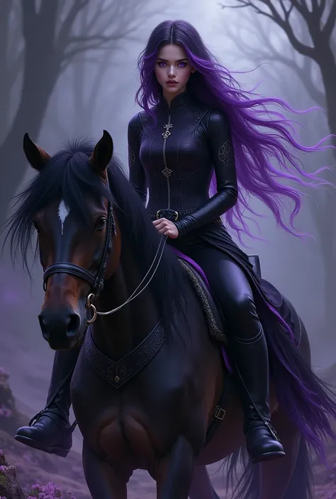 beautiful girl with long wavy black and purple hair with  purple eyes wearing black and purple outfit, riding horse , dark element