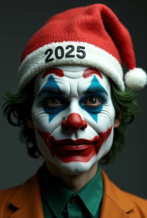 Joker head , Calm face , joker makeup,  masterpiece fails,  on head Christmas hat,  on number hat 2025 .