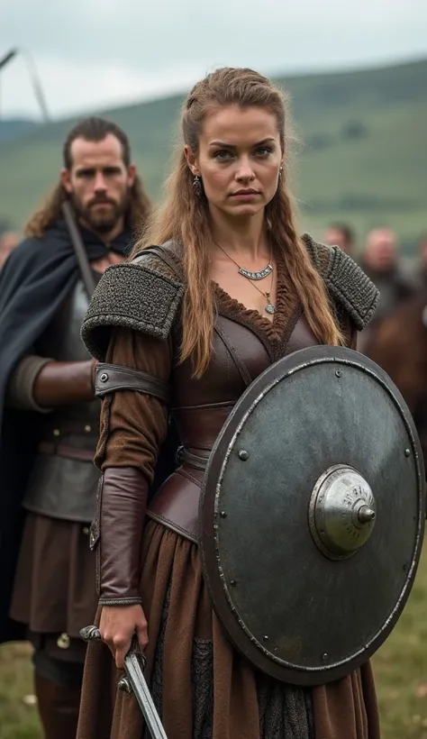 BEAUTIFUL VIKING WARRIOR WOMAN WITH A SWORD AND A SHIELD AND HER HUSBAND ON THE BATTLEFIELD