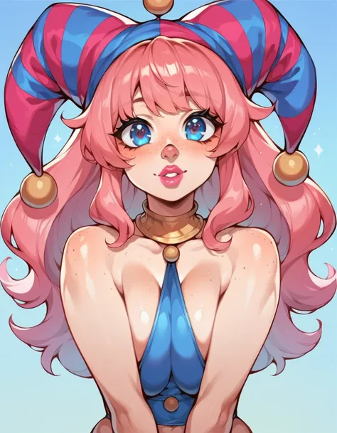 hand in fists, jester hat, bangs, very long hair, pink hair, shiny hair, cartoon face, pink lipstick, plump lips, perfect face, textured skin, freckles, freckles on nose, doe eyes, big eyes, blue eyes, retina, expressive eyes, slim waist, thick thighs, lar...