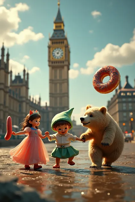 a worm, a fairytale princess , A polar bear, an Irish gnome Big Ben and a donut dancing in a circle