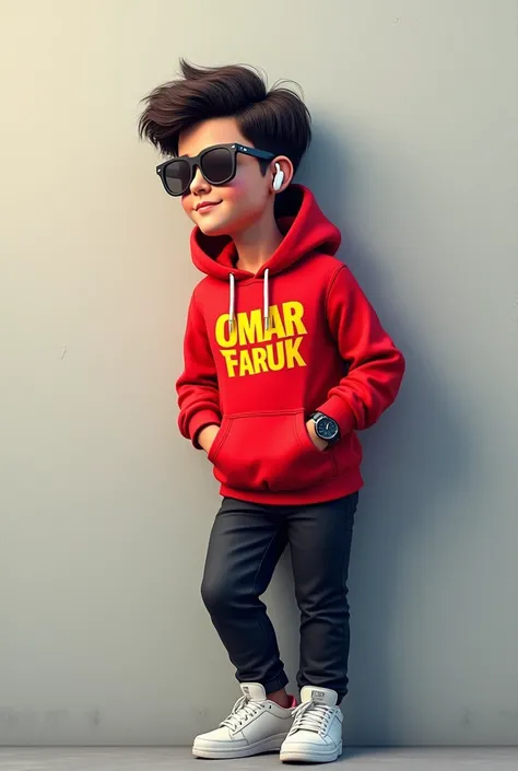 
"Create a stylish 3D realistic image of a -old indian boy leaning against a wall.He wearing red colour hoodie and black pant,white shoes, sunglasses,watch,stylish hear, earphone with the text "OMAR FARUK" clearly written in hoodie and text "HAPPY NEW YEAR...