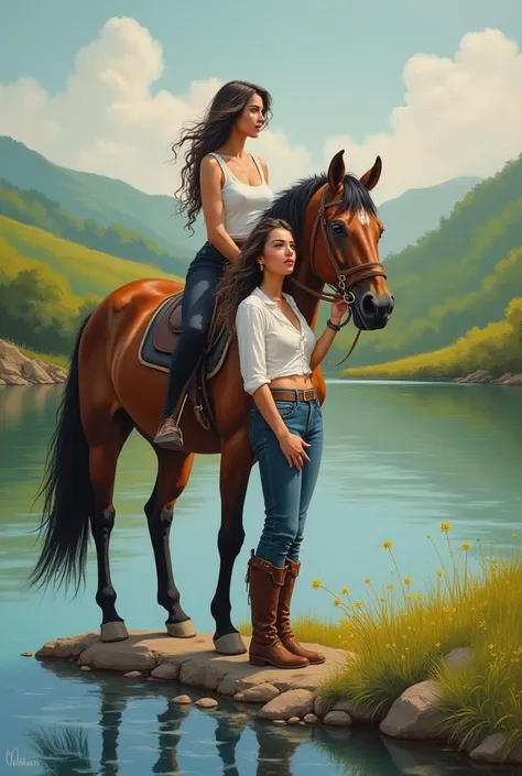 modern painting, Woman and her horse ,  on the edge of a river 