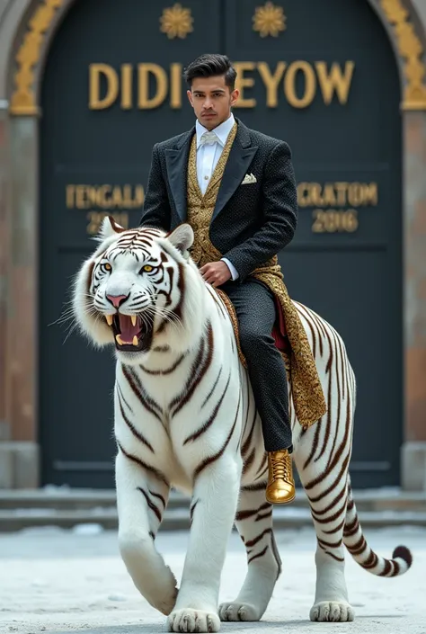 Hyper realistic image of Indonesias 20-year-old male emperor, tall and firm, full body shot, mans face is very clear, face facing the camera,  scene featuring a large white tiger Roaring, sitting on the back of a white tiger, wearing a black and white tuxe...