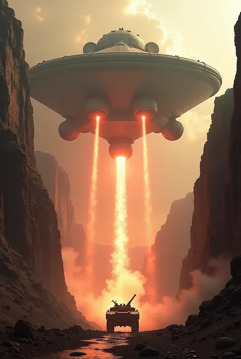 70,000ft massive mothership has entered atmosphere and is now hovering over commandos fortified cliff positions and begins continual laser cannons attack. Fierce Laser Firefighting across canyon against enemy and n cliff cave entrance. Firing laser beams n...