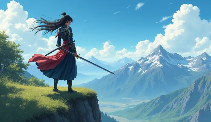 Make a realistic anime-style image of a samurai on a high hill with her sword 