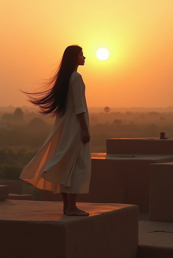 22 year Pakistani village girl with long long hair on the roof of mud house looking towards son