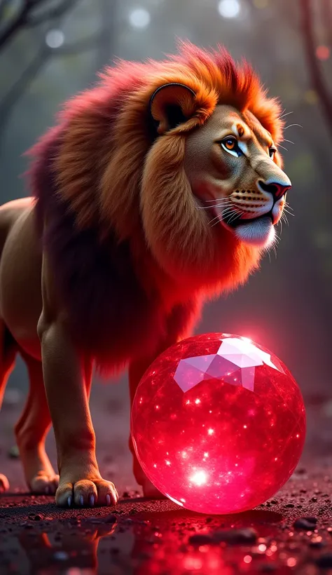 "Create an image with a majestic lion on one side, standing proudly with a fierce yet regal expression, its mane flowing in the wind. On the other side, place a large, glowing ruby gemstone, radiating intense red light and reflecting the surrounding enviro...