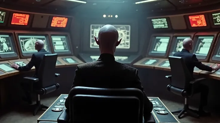 The bridge of a spaceship. It is dimly lit with dark shadows. There are consoles in a horizontal arc with big flashing lights and crt screens with a 1960s retro sci-fi look. In the centre of shot, facing the camera, facing us, there is the ships captain. H...