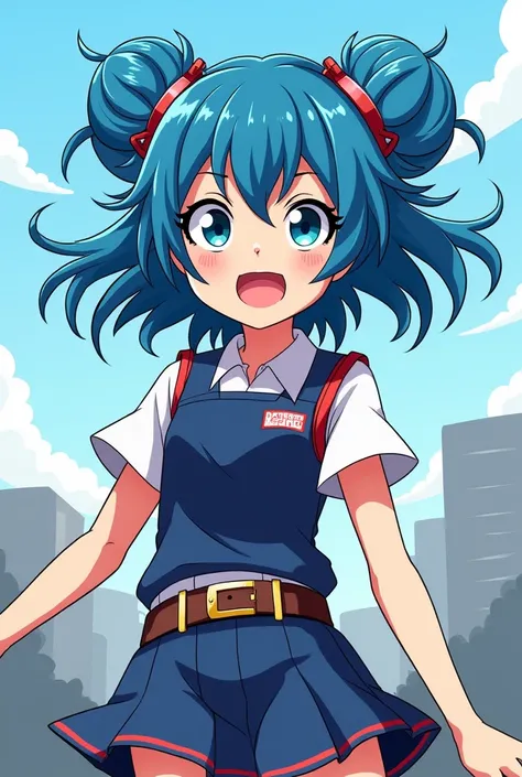 Add Maria Chiquinhas hairstyle to her,  but still has blue hair and full body, With the cartoon line of My Hero Academia 
