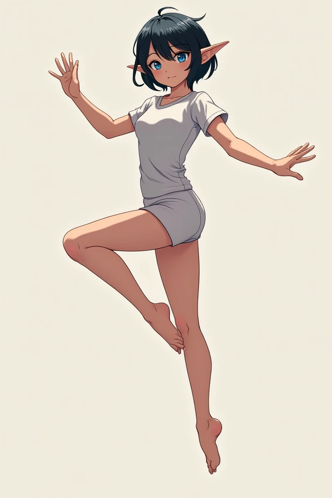 woman (19 years old),  short black hair ,  blue eyes and pointy ears, short shirt and pants , gymnast,  anime style  