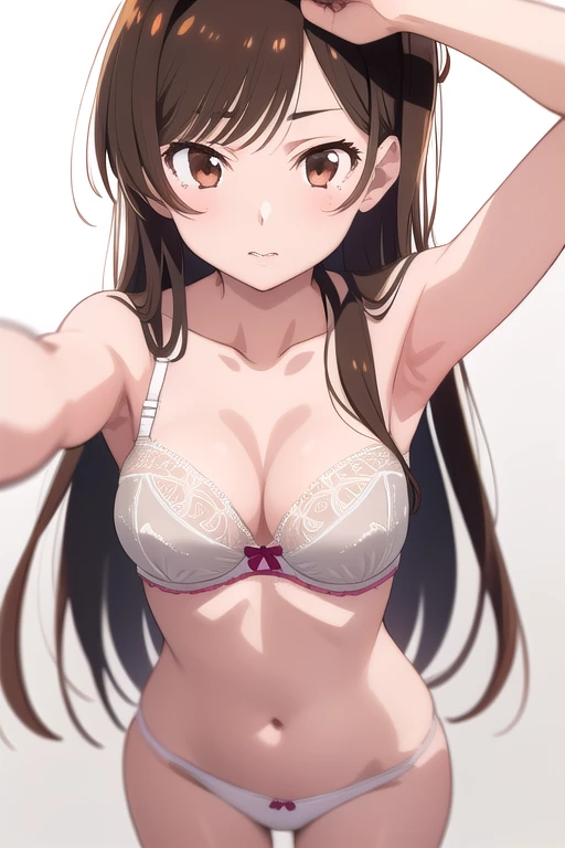 (1 girl), (detailed brown eyes), (Intricate iris detailing), (front), (girl naked panties and bra), (Lower your eyes), (Chizuru Mizuhara), (White background)