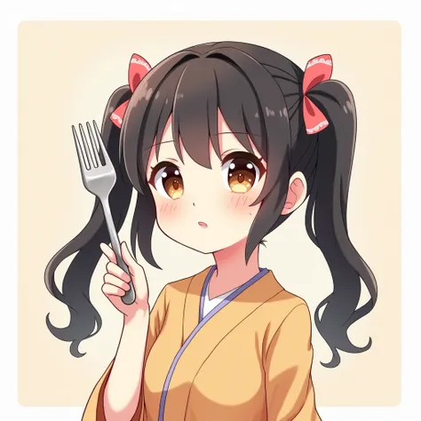 Generate an anime girl with black hair and a fork in her hand 