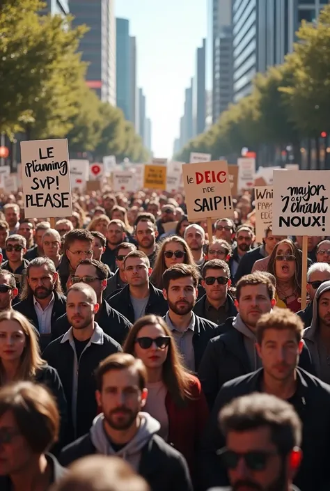 (photorealism:1.2), 300 personnes qui manifestent 
Plusieurs pancartes écrit : LE PLANNING SVP ! 
Plusieurs pancarte écrit : PAS DE SAIP !! 
Une pancarte écrit : Major revient parmi nous !! 