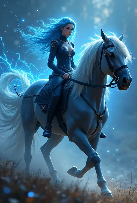 beautiful girl with long wavy  lighting blue hair with lighting eyes wearing black and lighting  outfit, riding horse , lighting element