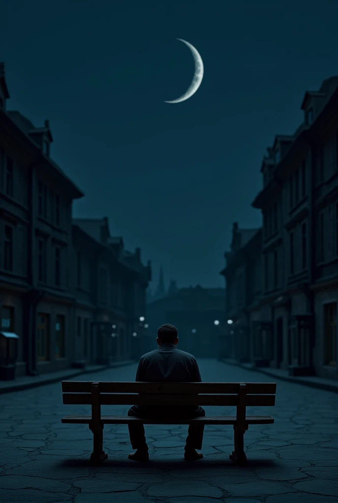 A sad man on a bench sitting in a square at night with dull lighting and a crescent 