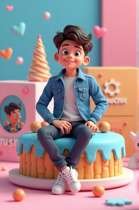  Create a 3D illustration of an animated character Robin Nagari sitting casually atop a logo "birthday".  The character must wear modern casual clothes ,  like denim jacket and sneakers . O plano de fundo da imagem é uma palavra  com um Name de usuário "Na...