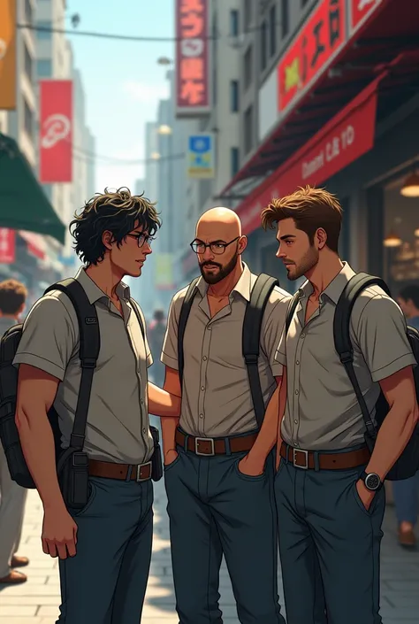 three male adults aged between 20-35 who find themselves on a street with jobs, one with long curly black hair and a pair of glasses, one bald with a beard and one with short brown hair 
