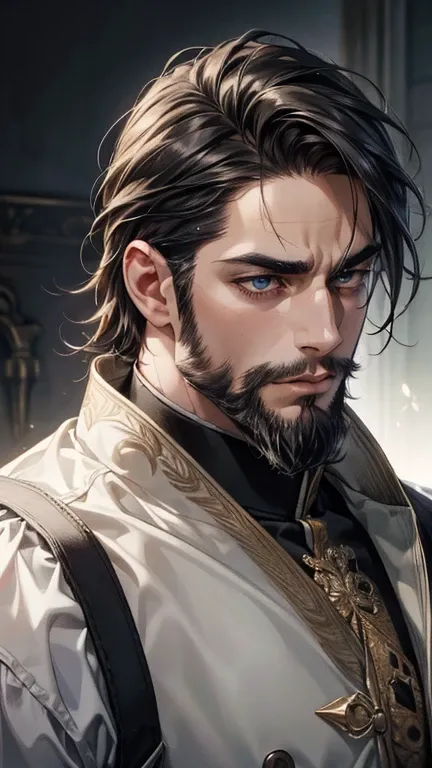 (best quality,4k,8k,highres,masterpiece:1.2),ultra-detailed,(realistic,photorealistic,photo-realistic:1.37),36 year old man,3 day beard,handsome anime,portraits,strong,masculine,dark hair,sharp jawline,mesmerizing eyes,perfectly styled hair,cool anime outf...