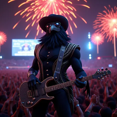 Muscular Anthropomorphic raven donned in intricate black suit with gold trim made of diamonds and a black diamond fedora. Diamonds cover his beak. Dynamically singing and guitar playing. Wears large sunglasses. Obsidian, the lead singer and guitarist of th...