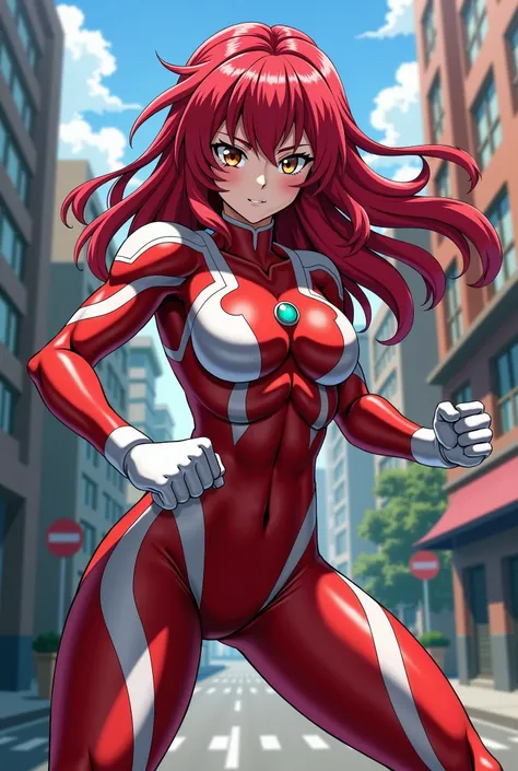 My Hero Academia Style , Anime girl, female, young female ,Full Body Shot,(fighting Pose:1.3),Long hair, Red Hair,  Brown Eyes,Hero Suit, Full Body Suit, red suit with white details,small round blue jewel in the center of the chest, perfect anatomy,  Tough...