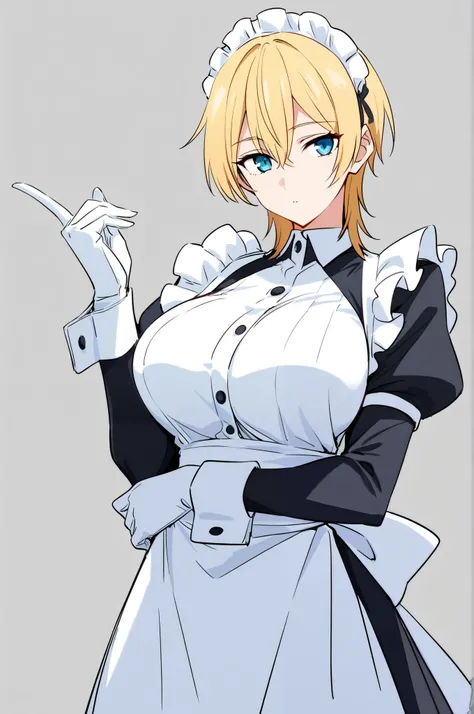 an woman with short hair, mullet, blonde hair, wearing maid dress finger gloves , _score_9_up, score_8_up, masterpiece, best quality