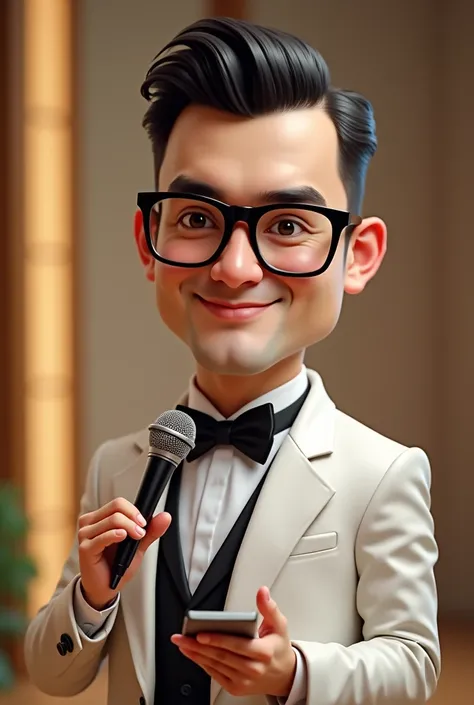 4D caricature of a cool-looking wedding host with neat hair.  wearing a white coat  , wears black tie , wearing black frem glasses  , carrying a mic and carrying a small note in his hand . Gracefully posed . only half body