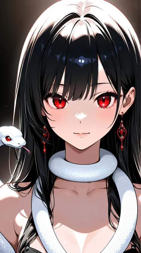 Beauty、Characters with snake motifs、 Natural Color、  upper body、 top quality 、8k、I have a white snake wrapped around my neck、Queen、Cool look、 bewitching look 、 black hair、 red eyes