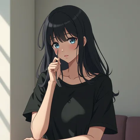 Generate an anime girl with black hair and loose blue eyes 35 years old wide black t-shirt and a fork in her hand
