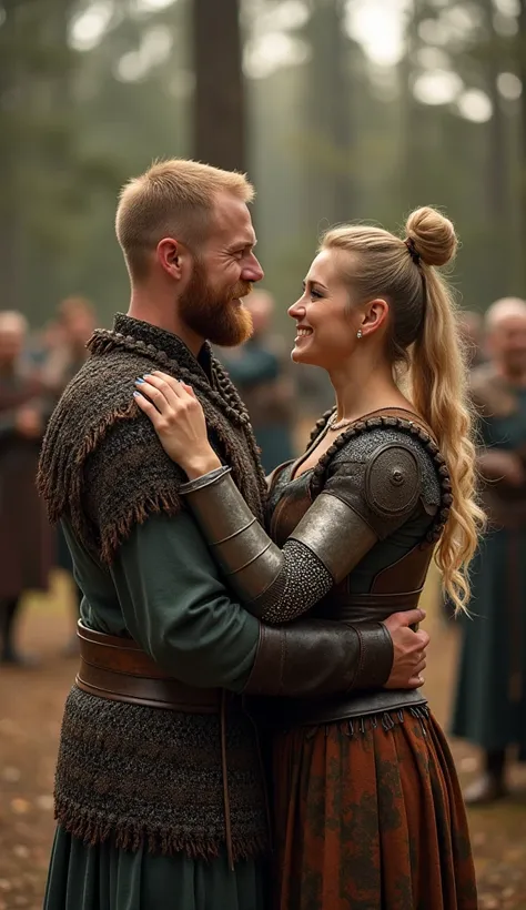 BEAUTIFUL VIKING WARRIOR CELEBRATING WITH HER SHORT-HAIRED AND GOLDEN-BEARDED VIKING HUSBAND