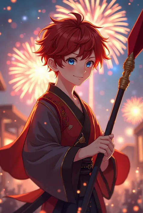 Older Boy, Genshin, Genshin Impact,  high resolution ,  masterpiece,  short hair,  red hair,  redhead, smile, blue eyes, Spear,  Japanese clothing, Teenager, firework