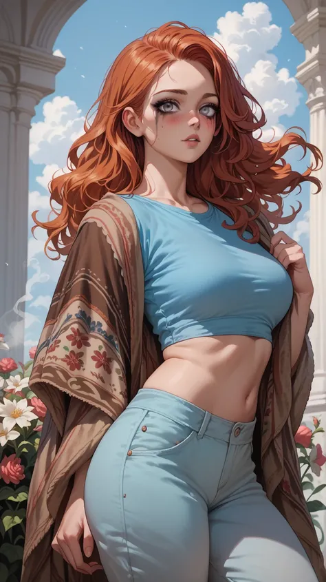 8K, detailed, woman, long wavy strawberry blonde hair, redhead, gray eyes, blue crop top, brown shawl, loose square pants, flowers, tall, smoky makeup, blush