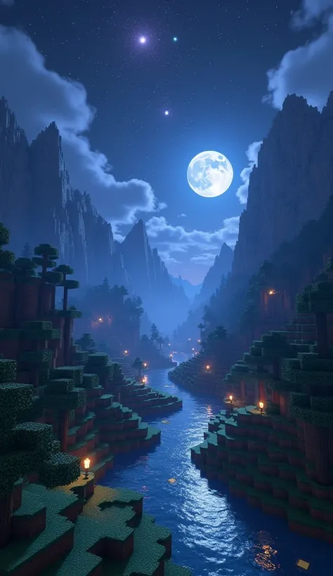 ((high quality)), ((masterpiece)), ((highly detailed)) ,aesthetic minecraft night time, 8k, 4k, UHD, high resolution