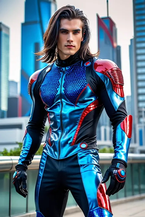 Full body photorealistic handsome hunky young slender futuristic young Colossal with black undercut long hair wearing a red micro scale textured costume blue detailed on the costume and blue gloves and boots, and wristbands that  manipulate brain energy , ...