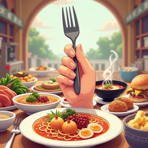 Generate an image of an anime hand with a fork and showing food in the background