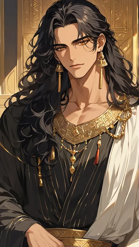 (score_9, score_8_up), long hair, masterpiece, best quality, 1 man , black hair , perfect face , gold eye , handsome male , Alone, adult male , delicate line drawingimpasto, masterpiece, high resolution, Top quality, unique , 1 male , nice , tanned skin , ...