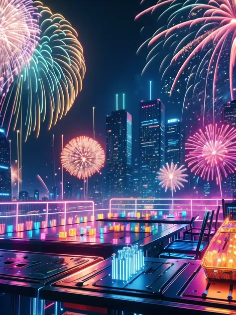 (Neon)，Circuit Board，(Bubbles)，(fireworks:1.5)，Dreams，(Psychedelic)，(Neon light)，On a floating platform, long tables arranged with transparent drink glasses, cakes, and snacks, glowing city skyline in the distance, robot servers offering drinks, guests rai...