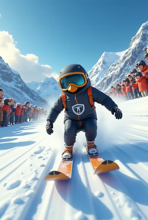 A penguin ski sprinting down a snowy slope, wearing snow gear and goggles, with surprised spectators in the background, realistic style, high detail, dynamic action pose