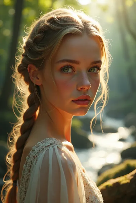 A beautiful young girl with braids, pale skin, freckles, blonde hair, and water green eyes, (best quality,4k,8k,highres,masterpiece:1.2),ultra-detailed,(realistic,photorealistic,photo-realistic:1.37),1girl,beautiful detailed eyes,beautiful detailed lips,ex...