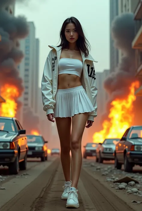 (Qingxu _ Realistic photograph of Asian beauty portraits_V11),  A beautiful and elegant Korean woman ,  recognized as one of the 5 best Asian models ,  is standing on top of cars and walking dusty and dirty ,  in a post-apocalyptic setting . In the backgro...