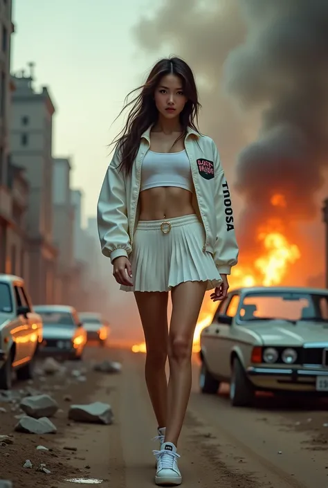 (Qingxu _ Realistic photograph of Asian beauty portraits_V11),  A beautiful and elegant Korean woman ,  recognized as one of the 5 best Asian models ,  is standing on top of cars and walking dusty and dirty ,  in a post-apocalyptic setting . In the backgro...