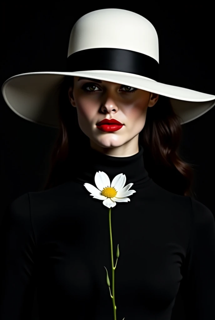 Minimalist and elegant black-and-white portrait of a mysterious woman, centered against a deep designer black background. Her porcelain-white face glows softly, partially concealed by the shadow of a wide-brimmed white hat with a sleek black ribbon. The in...