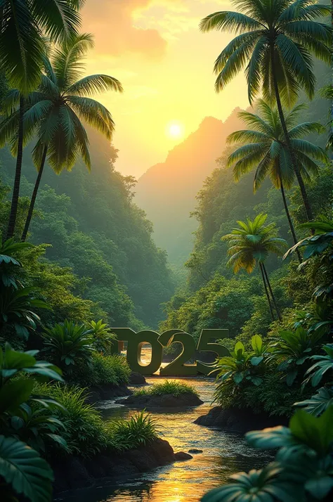 Costa Ricas tropical landscape  ,  the number 2024 appearing at the bottom of the table and the number 2025 entering ,  with the sun on the horizon  