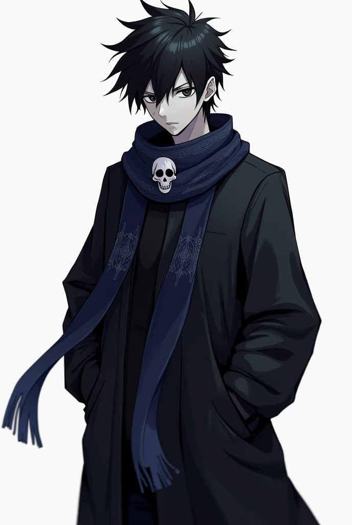  full body , hands in pockets,  a young and mysterious looking man . he is aside, He has black hair,spiky,  that frames his pale face .  His eyes are of an intense dark color ,  conveying an enigmatic air .  He wears a simple black robe and a dark blue sca...