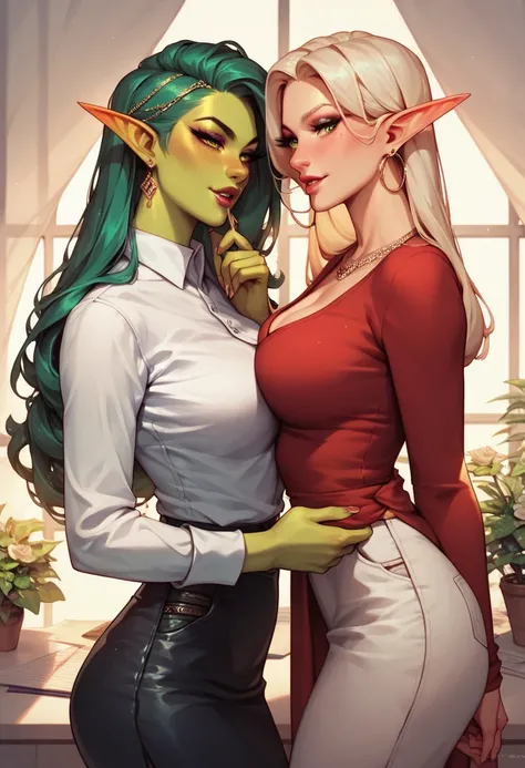 2girls. Attractive women in an office flirting. They are beautiful, have perfect makeup, beautiful hair, long lashes, beautiful eyes, sexy bodies, jewellery. Form fitting office clothes. Elf ears. Green skin