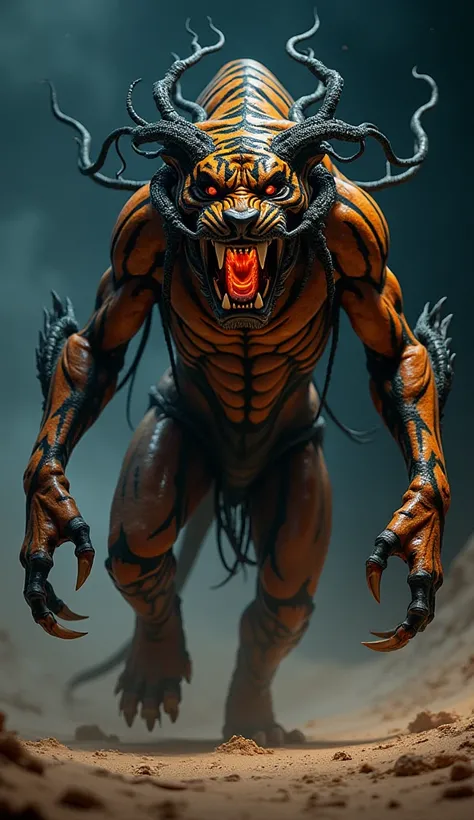 Create a highly detailed and realistic fusion creature that combines the menacing traits of a tiger and a symbiotic alien being. The creature should have the muscular build and striped pattern of a tiger but enhanced with organic, alien-like features such ...