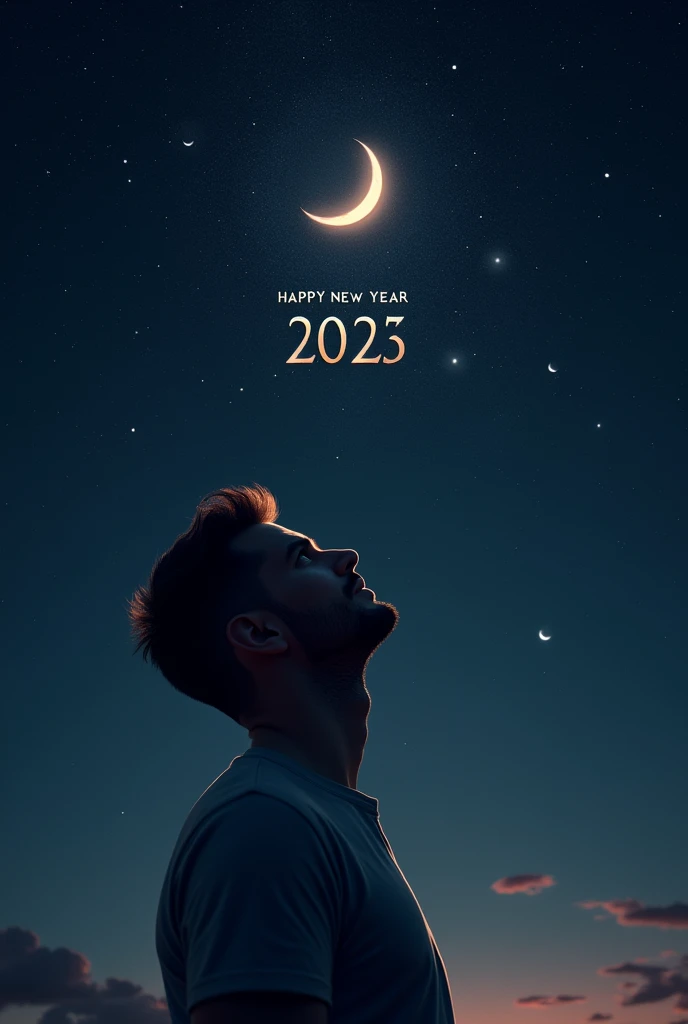 A man looking at starry night sky with moon  with happy new year 2025 written in the sky.