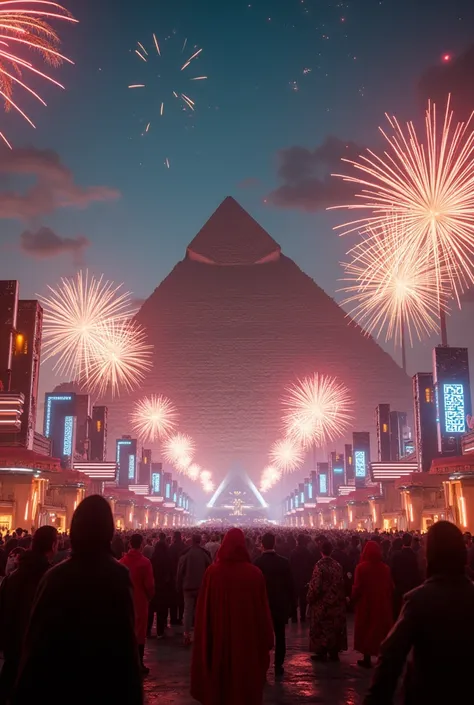 New year countdown, 2025, Mesir, pyramid, futurism, fireworks, sharp, UHD, super detailed