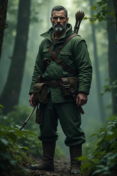 Human hunter with bow on his back and sword in his belt very dark green clothes